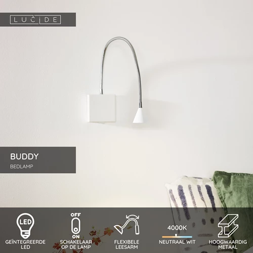 Lucide BUDDY - Bedlamp / Wandlamp - LED - 1x4W 4000K - Wit - USP